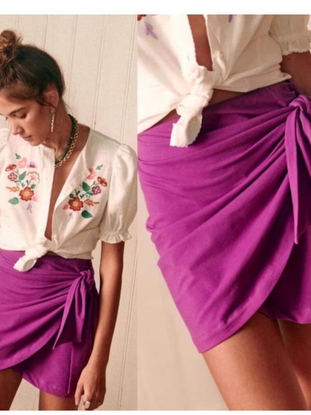 Sezane Ginnir Skirt Orchidee Tie-Waist Wrap Mini Skirt